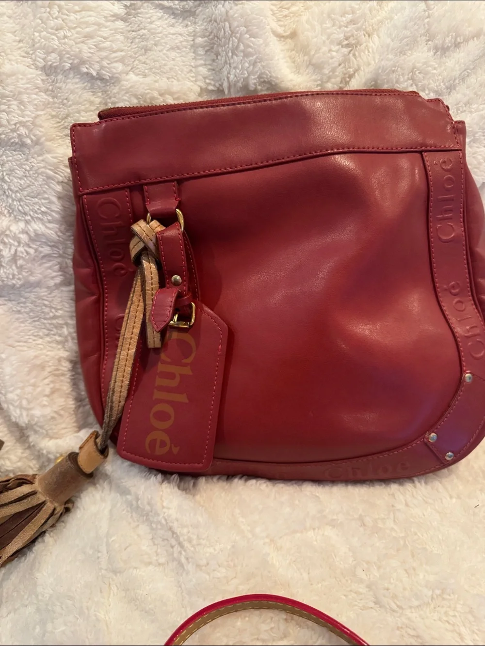 Chloe Red Leather Hobo with Logo Tag and tassel